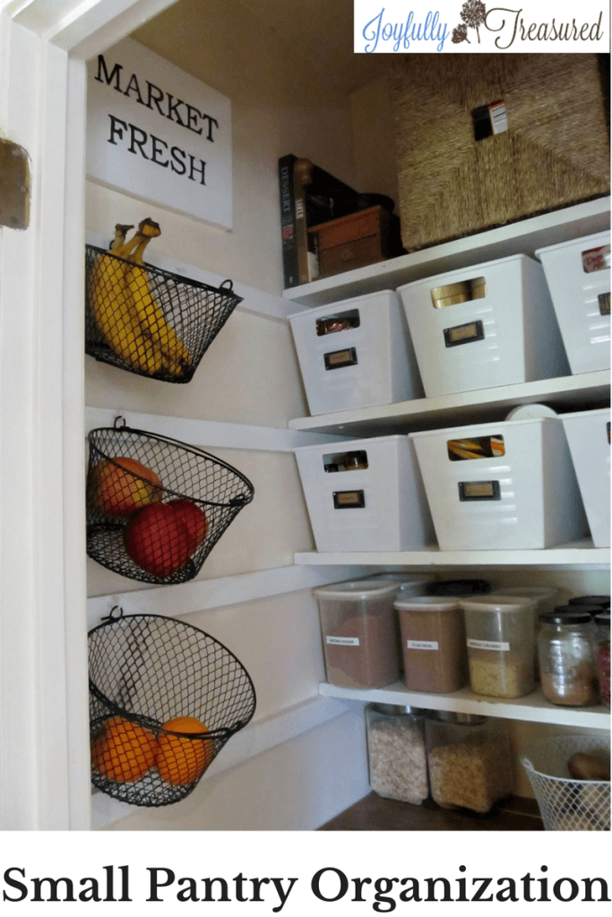 Baskets and bins neatley organized on pantry shelves