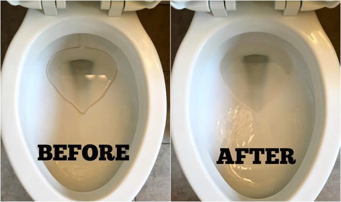 before and after cleaning hard water rings from toilets