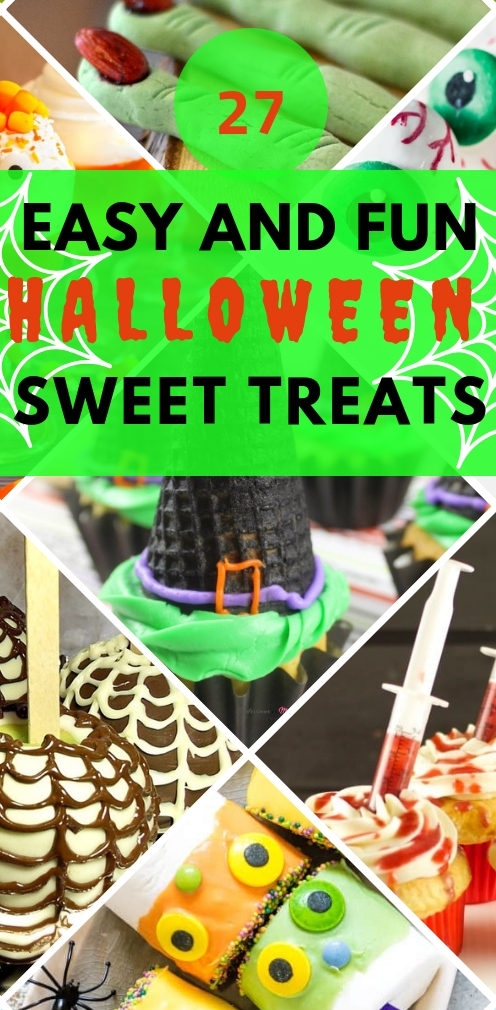 These 27 Halloween treats are spooky and fun at the same time. Are perfect for a big party or small family gathering. You can even find a few healthy options. #Halloween #treats