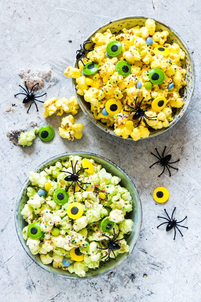Green Halloween popcorn in a bowl
