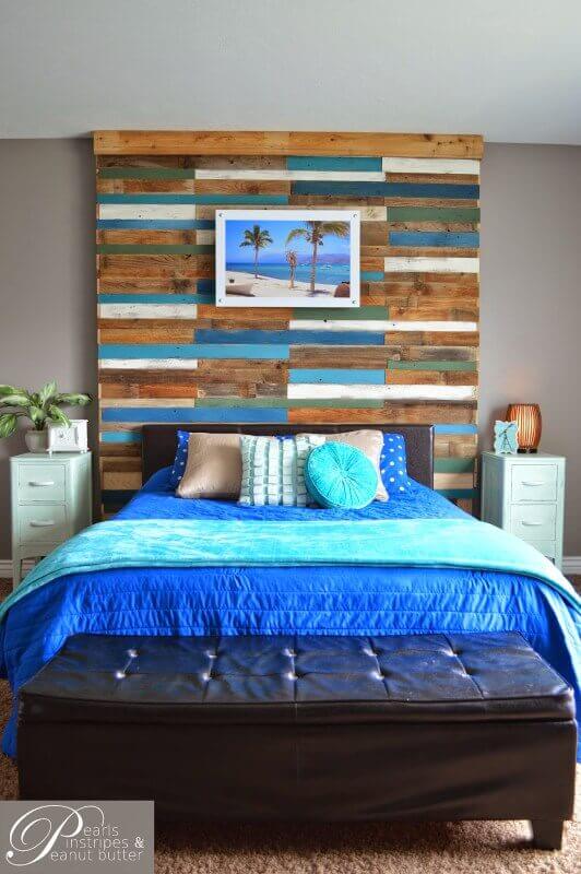 colorful plank headboard wall
