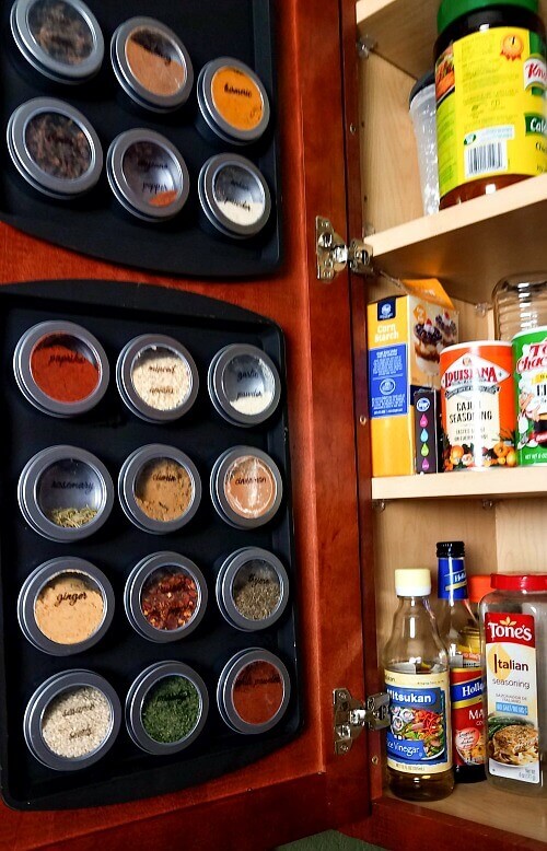 hanging spice organizer on the door cabinet